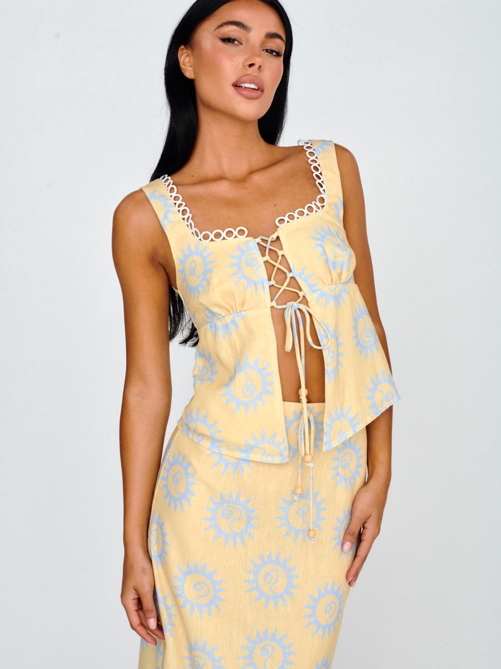 NWOT Selfie Leslie Yellow and Light Blue Lace-Up Sun Print Tank